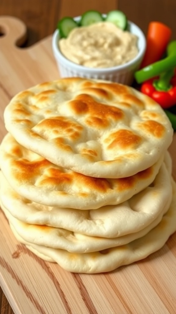 Low-Calorie Pita Bread Recipe Freshly baked low-calorie pita bread on a cutting board with hummus and vegetables.